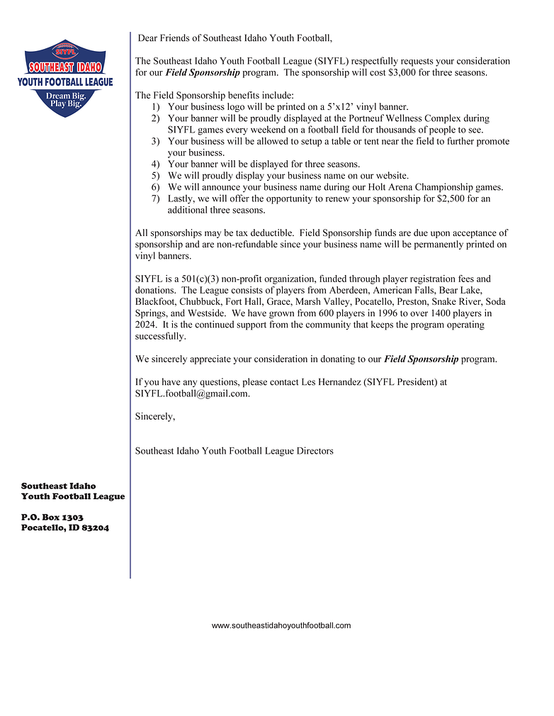 Field Sponsorship Letter 2026
