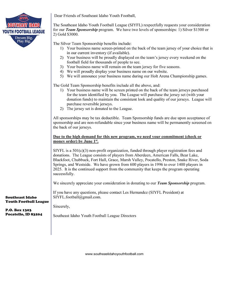 Team Sponsorship Letter 4th-8th 2026